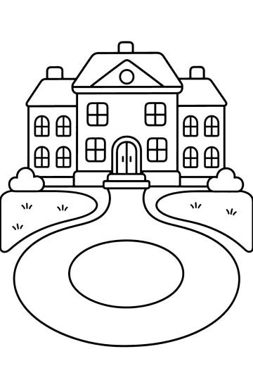 Disegno da colorare di una villa con vialetto circolare e prato
