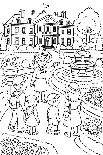Des enfants avec une guide visitent le jardin d'un grand manoir avec fontaine, fleurs et arbres.