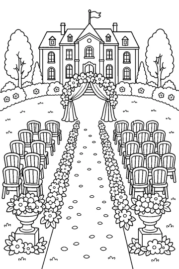 Dibujo para colorear de una mansión con arco de flores, sillas y sendero para una boda en el jardín.