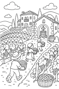Vendemmia nel vigneto con cesti d’uva disegno da colorare PDF gratis