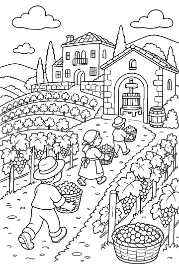 Bambini con cesti d’uva in un vigneto davanti a una casa di campagna e a un edificio con torchio