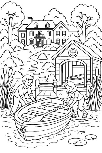 Due bambini con una barca a remi nell’acqua davanti a una rimessa per barche e a una grande casa.