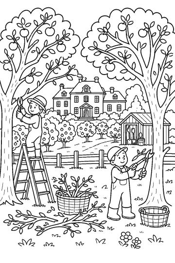 Disegno da colorare con giardinieri che potano un frutteto davanti a una casa di campagna