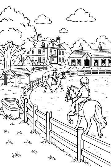 Kleurplaat van twee ruiters te paard op een paardenlandgoed met landhuis, stal en omheinde weiden.