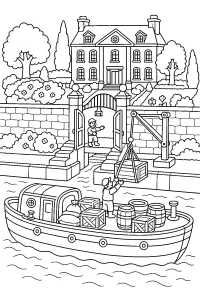 Barca da carico davanti alla villa sul canale disegno da colorare PDF gratis