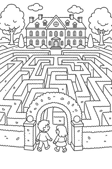 Two children at the entrance to a hedge maze in front of a grand manor house with trees.