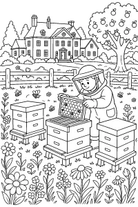Apicoltore davanti alla villa di campagna disegno da colorare PDF gratis