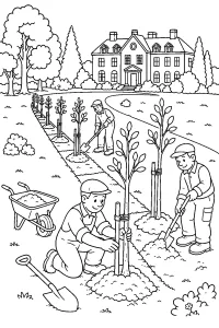 Giardinieri piantano alberi davanti alla villa disegno da colorare PDF gratis