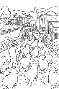 Rebanho de ovelhas na quinta desenho para colorir PDF grátis