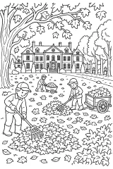Giardinieri che rastrellano foglie al maniero disegno da colorare PDF gratis