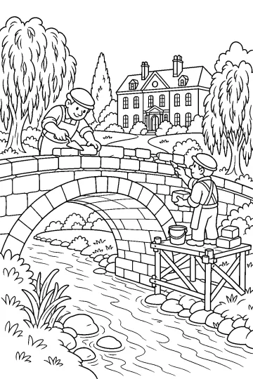 Twee bouwvakkers herstellen een stenen brug over een beek voor een groot landhuis met bomen.