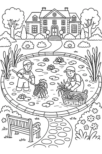 Dos jardineros limpian un estanque con nenúfares frente a una gran casa con jardín.