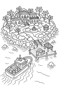 Barca di rifornimento all'isola con villa disegno da colorare PDF gratis