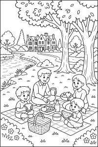 Familiepicknick in het park van het landhuis kleurplaat gratis PDF