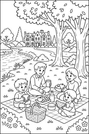 Famille assise sur une couverture de pique-nique devant un manoir, avec des arbres, une rivière, des fruits et un panier.