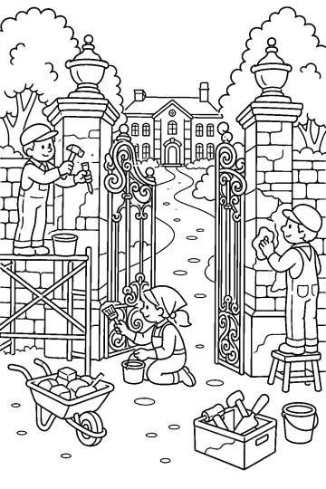 Enfants restaurant un grand portail décoré devant une demeure, avec échafaudages, outils et brouette.