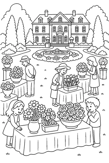 Kleurplaat van een landhuis met bloemenschow, tafels, bezoekers en tuin