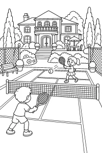 Partita di tennis nella villa disegno da colorare PDF gratis