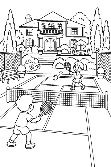 Dos niños juegan al tenis en una pista frente a una gran villa con jardín y árboles.