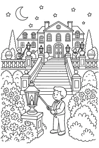Villa con lanterne nel giardino di sera disegno da colorare PDF gratis
