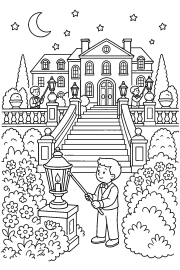 Dibujo para colorear de una gran mansión con escalinata, jardín de flores, faroles y personas con largos encendedores bajo la luna.