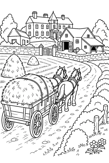 Carro lleno de heno tirado por caballos camino a una finca rural