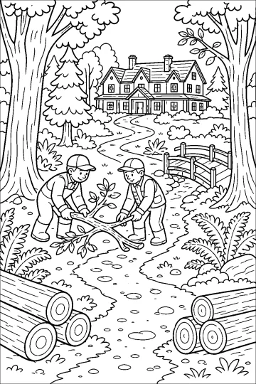 Two workers clearing a branch from a woodland trail in front of a large house, with logs and a small bridge.