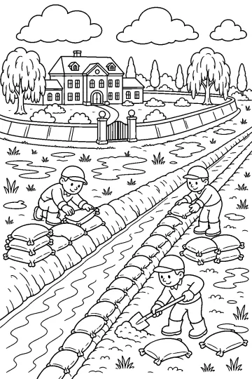 Grand manoir avec jardin et canal de drainage renforcé par des ouvriers avec des sacs de sable
