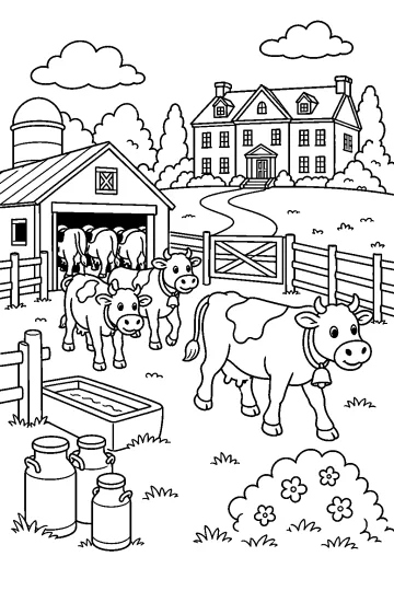 Dibujo para colorear de vacas, establo, lecheras, verja y una gran casa de campo