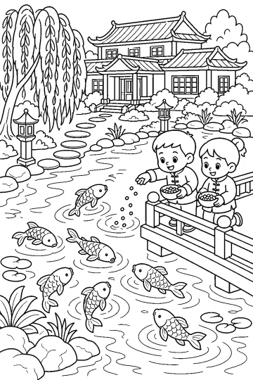 Due bambini su un pontile nutrono le carpe in un laghetto davanti a una casa con giardino.
