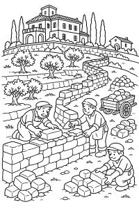 Builders Making a Villa Stone Wall coloring page free PDF
