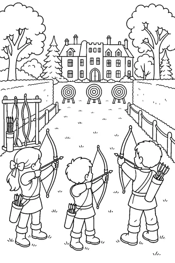Tres niños practican tiro con arco hacia dianas delante de una gran mansión rodeada de árboles.