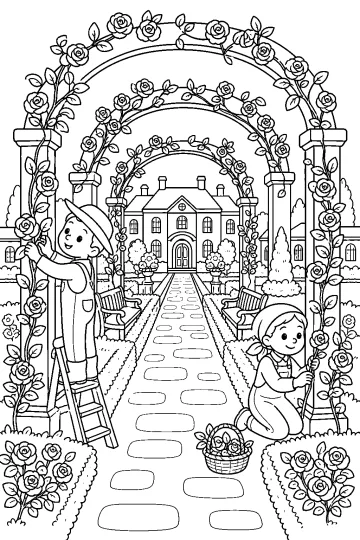 Enfants soignant des roses sous des arches de pergola devant un manoir avec allée et bancs
