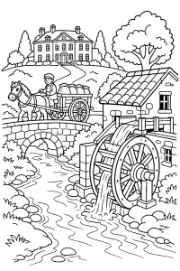 Mulino ad acqua con carro e villa disegno da colorare PDF gratis