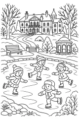 Bambini che pattinano sul lago della tenuta disegno da colorare PDF gratis