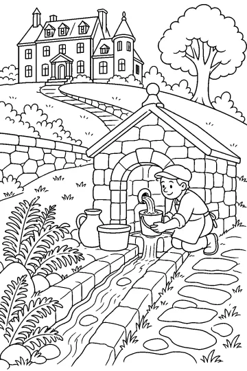 Coloriage montrant une source en pierre, un ruisseau, un jardinier et une grande maison sur une colline
