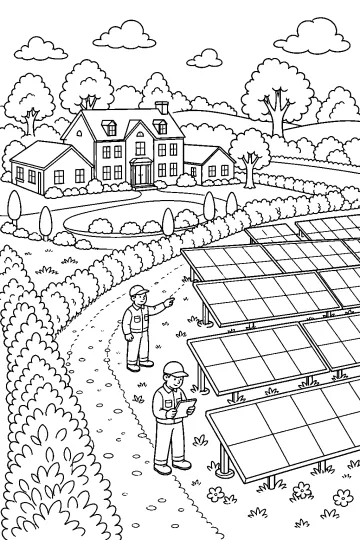 Finca rural con jardín, árboles, técnicos y grandes paneles solares