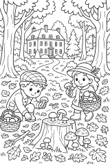 Bambini raccolgono funghi nel bosco disegno da colorare PDF gratis