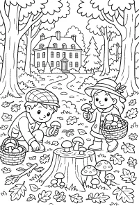 Bambini raccolgono funghi nel bosco disegno da colorare PDF gratis