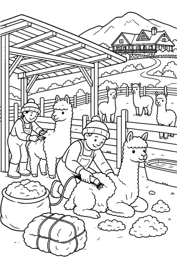 Werkers scheren alpaca's in een omheinde weide onder een afdak, met andere alpaca's, wolzakken, een boerderij en bergen op de achtergrond.