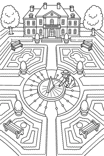 Kleurplaat van een landhuis met geometrische tuin, grote zonnewijzer, hagen, banken en een knielende tuinman.