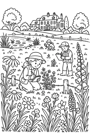 Naturalists studying flowers in a meadow with a pond and grand house in the background