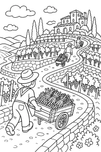Carrinhos no vinhedo em terraços desenho para colorir PDF grátis