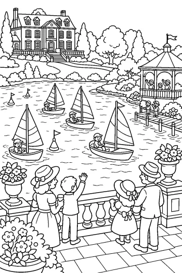 Famiglie osservano barche a vela durante una regata sul lago davanti a una villa con giardino e padiglione.