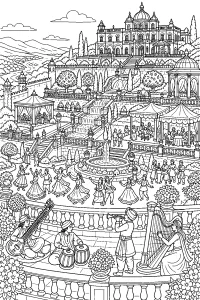 Palazzo con giardini in festa disegno da colorare PDF gratis