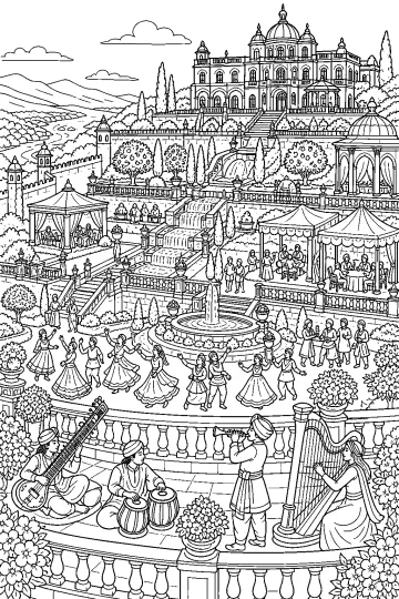 Kleurplaat van een groot paleis met terrastuinen, fonteinen, paviljoens, muzikanten en dansers.