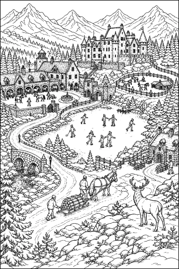 Kleurplaat van een winterlandgoed met kasteel, stallen, paarden, bevroren meer, hert en bergen.