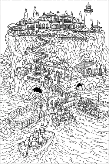 Cliffside estate with lighthouse, gardens, winding stairs, and people in boats at the harbor
