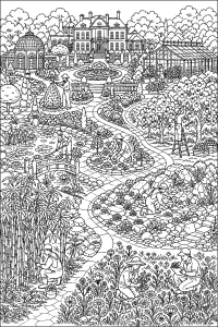 Grande giardino botanico con villa e serre disegno da colorare PDF gratis