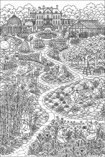Disegno da colorare di un grande giardino botanico con villa, serre, fontana, frutteto, stagno e giardinieri.